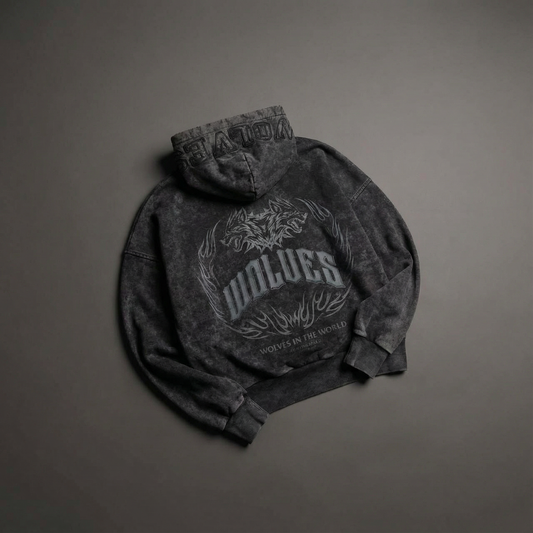 Hoodie Wolves Vintage Wash – BlackWolf Collection 2025
